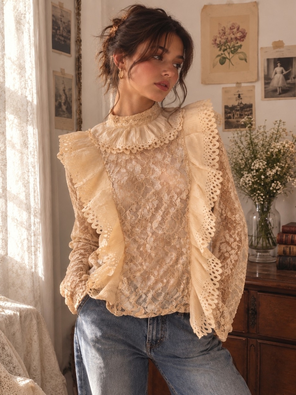 Yellow Lace Ruffled Mock Neck Blouse Top Size XL Whimsigoth Victorian Whimsy